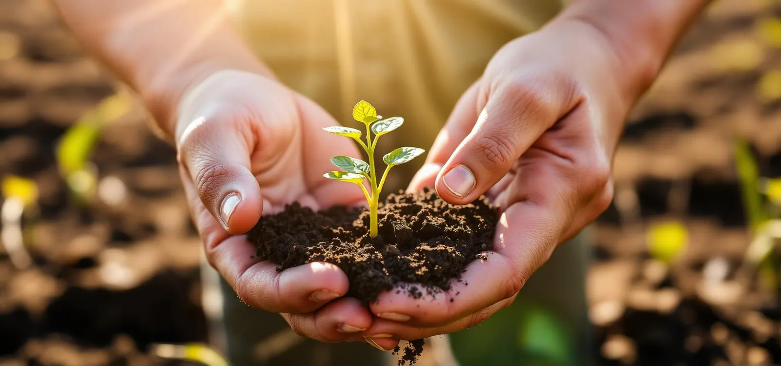Hands holding a young seedling in rich soil